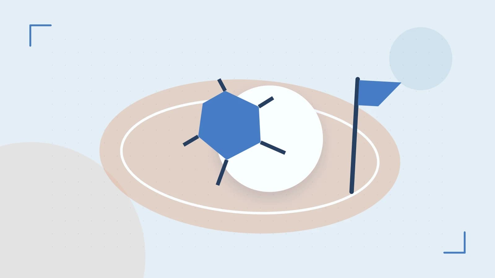 Editorial illustration of a stylized sports ball, stadium geometry and dynamic arcs