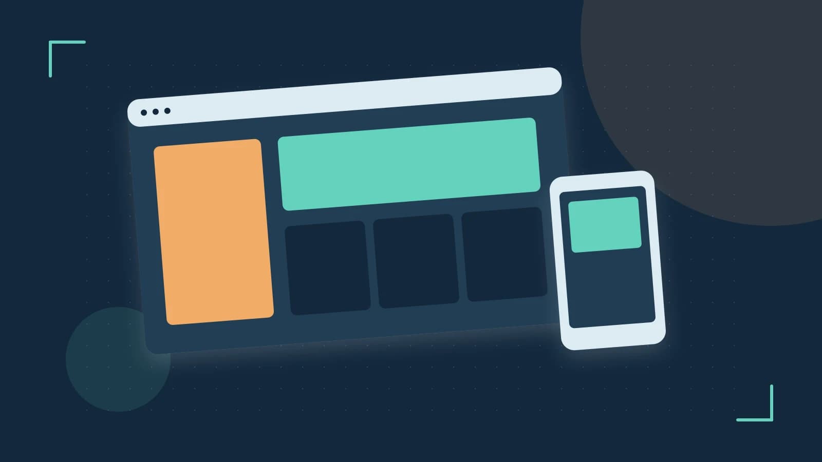 Editorial illustration of responsive browser layouts, overlapping design components and a color system