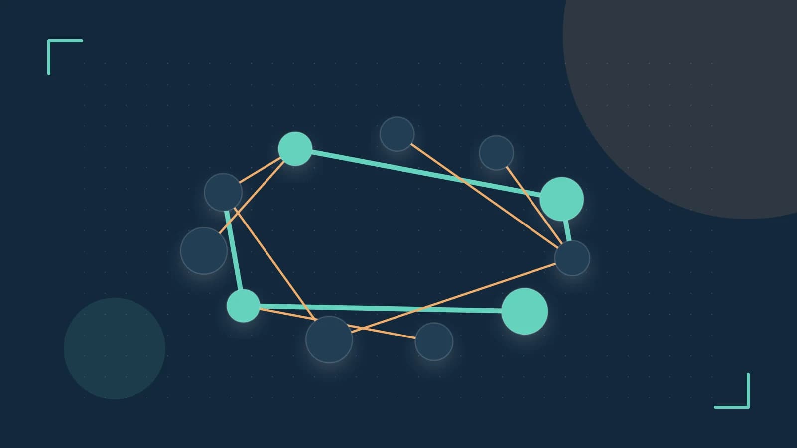 Editorial illustration of an algorithmic node graph with branching paths and a highlighted result