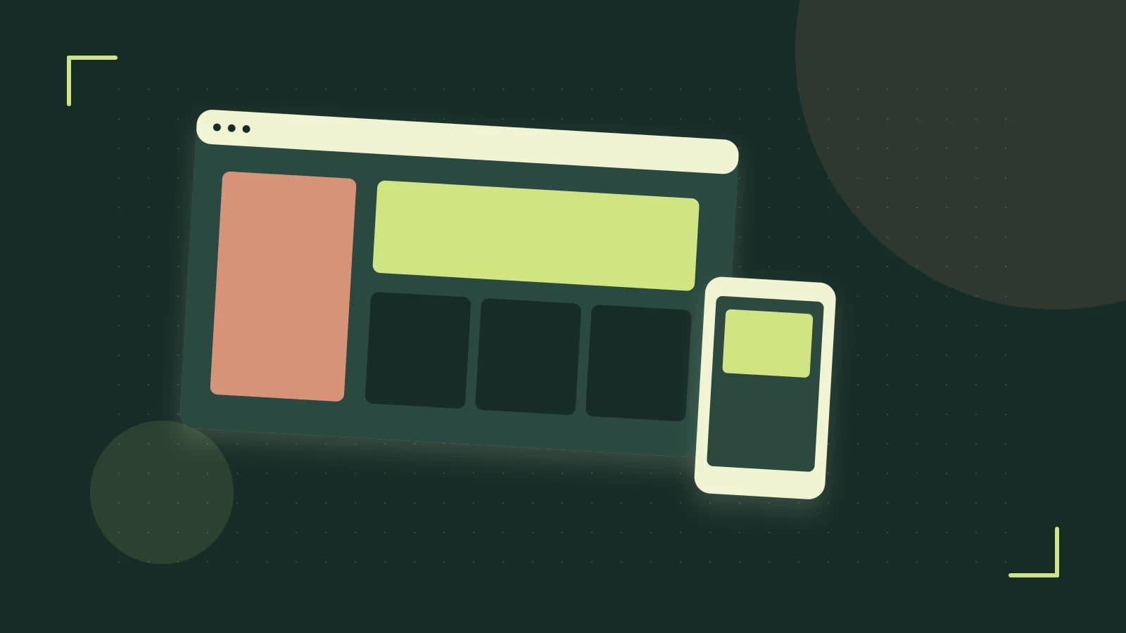 Editorial illustration of responsive browser layouts, overlapping design components and a color system