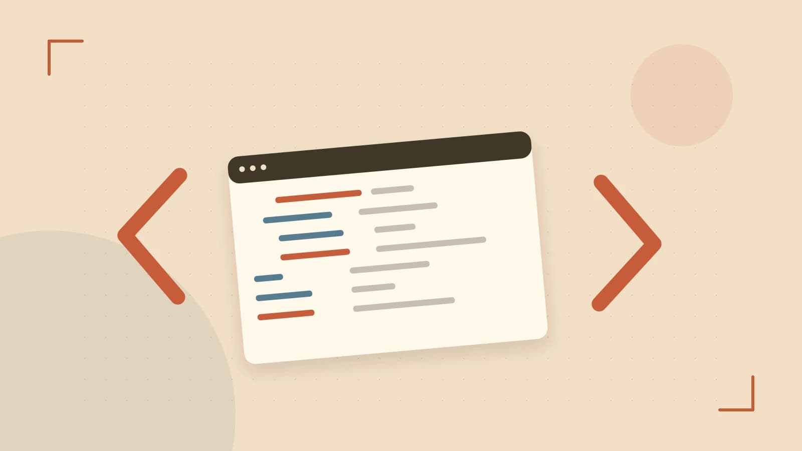 Editorial illustration of an abstract code editor, syntax blocks and oversized programming brackets