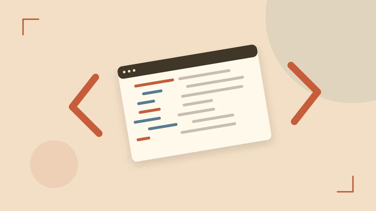 Editorial illustration of an abstract code editor, syntax blocks and oversized programming brackets