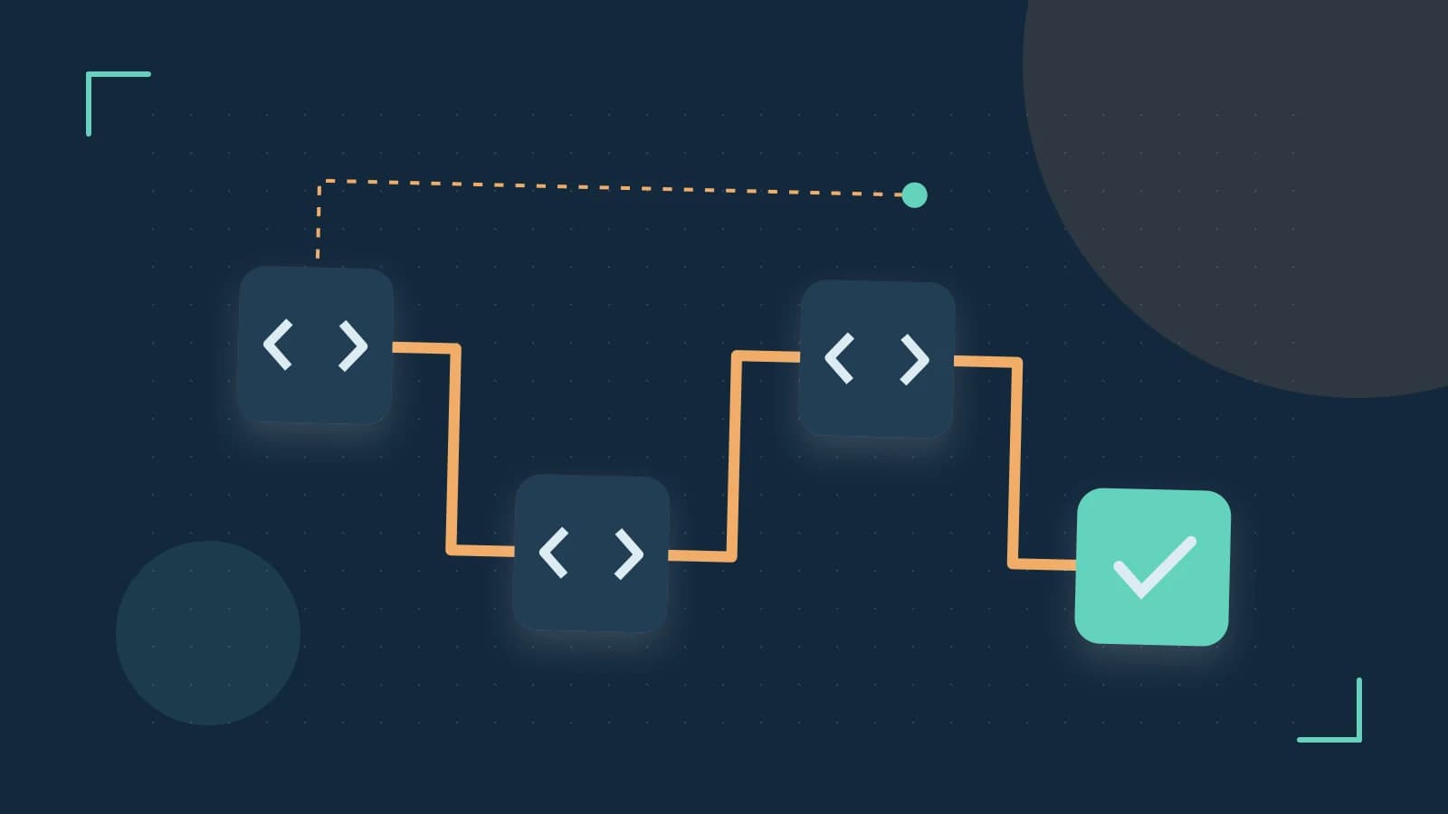 Editorial illustration of a branching build pipeline, staged transformations and a completed check
