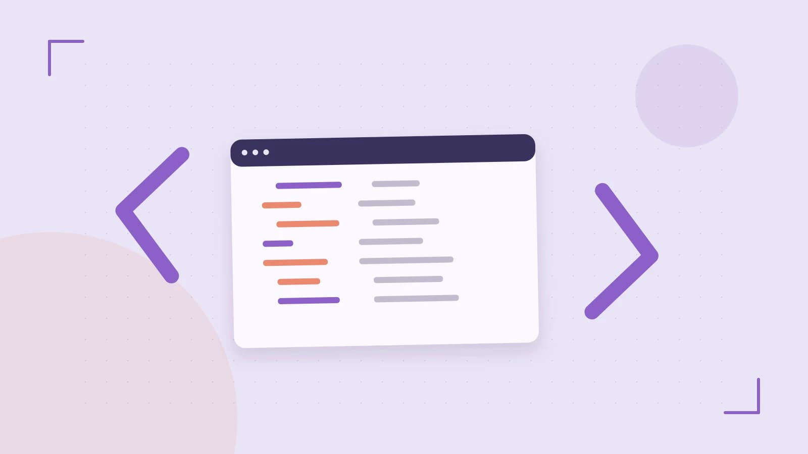 Editorial illustration of an abstract code editor, syntax blocks and oversized programming brackets