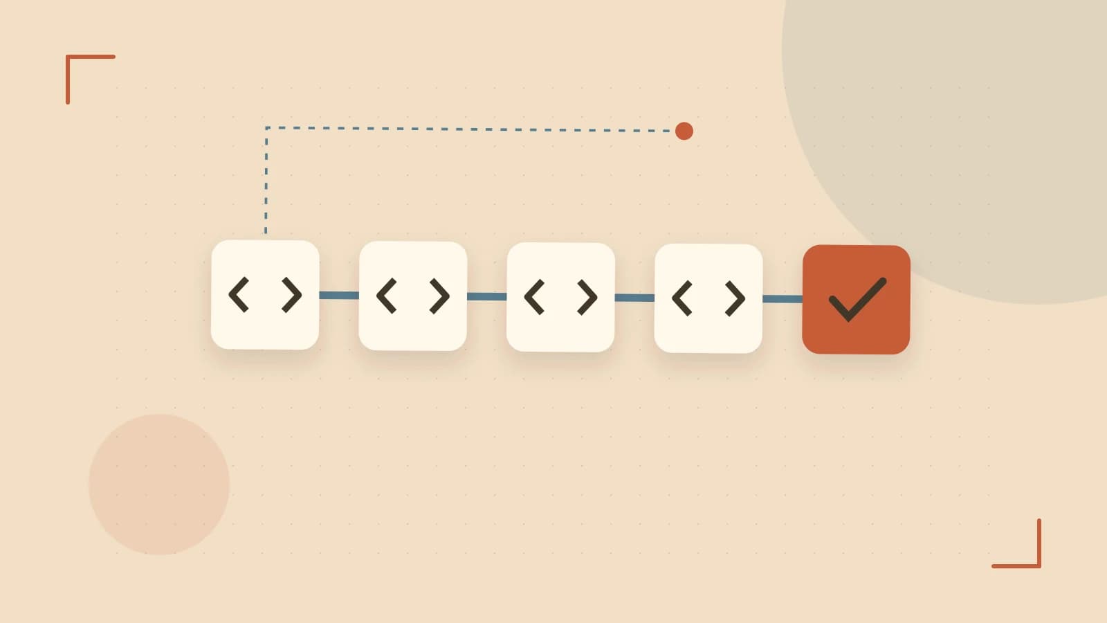 Editorial illustration of a branching build pipeline, staged transformations and a completed check