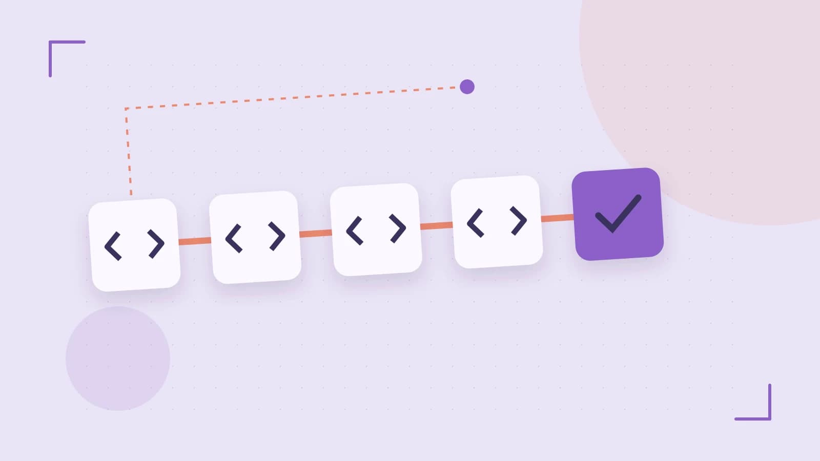 Editorial illustration of a branching build pipeline, staged transformations and a completed check