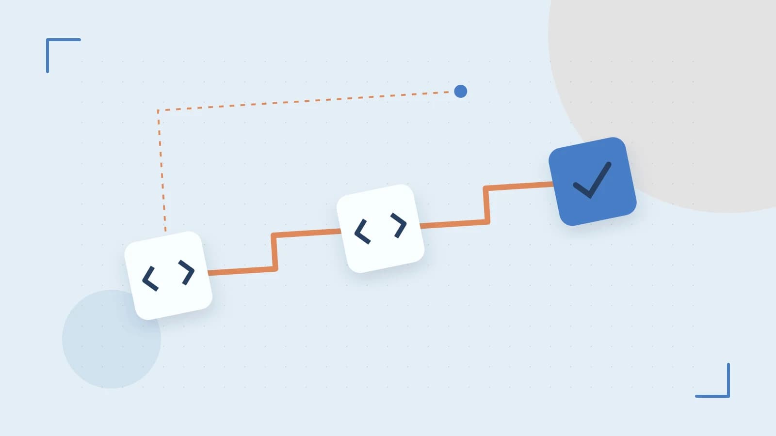 Editorial illustration of a branching build pipeline, staged transformations and a completed check