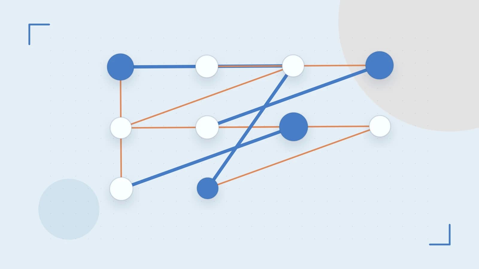 Editorial illustration of an algorithmic node graph with branching paths and a highlighted result