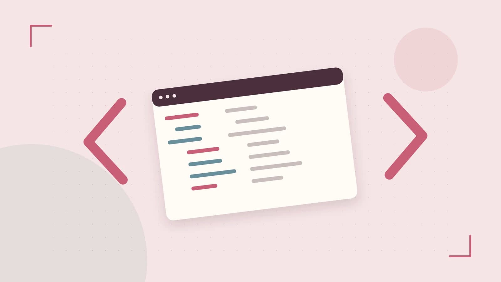 Editorial illustration of an abstract code editor, syntax blocks and oversized programming brackets