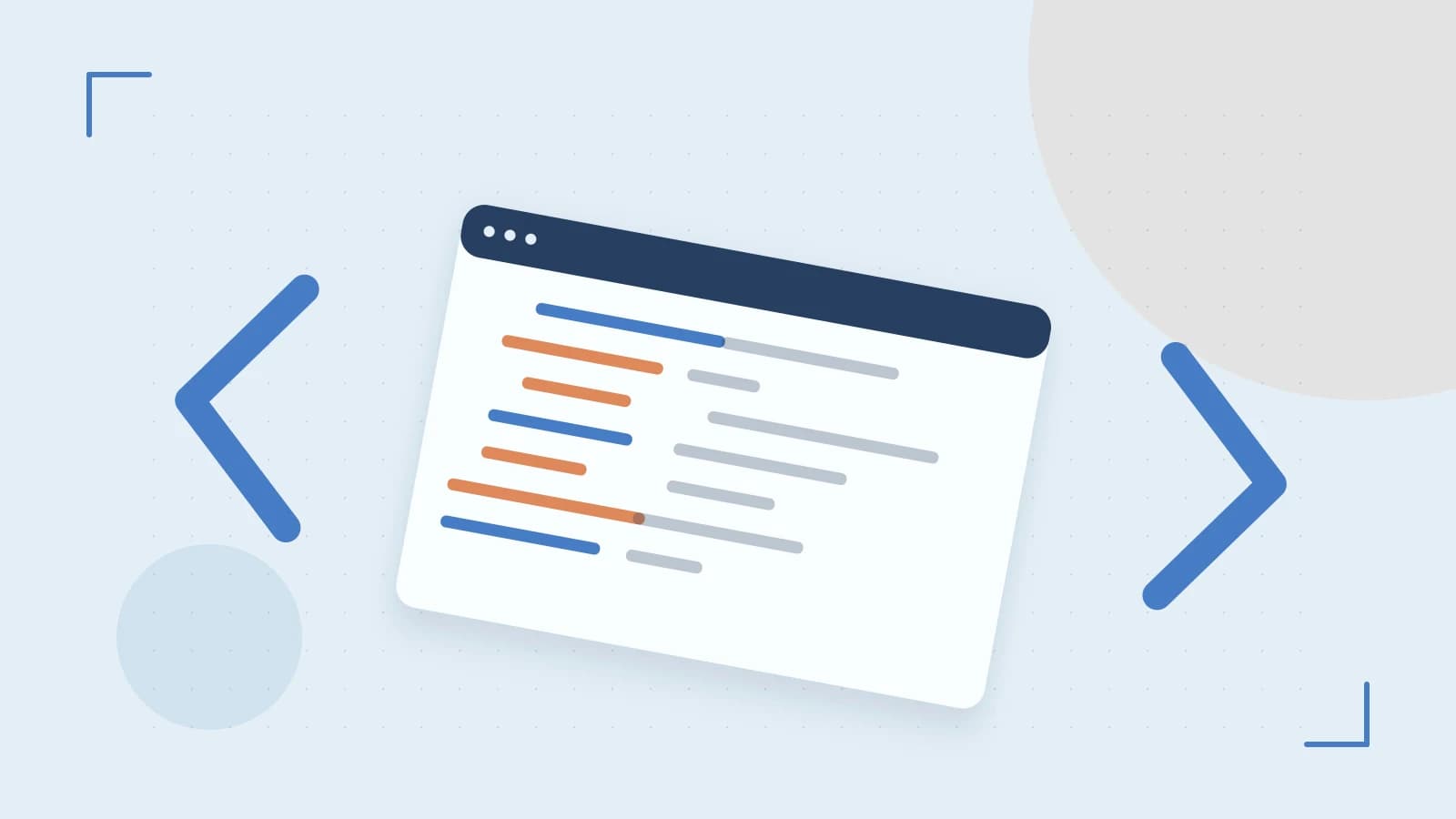 Editorial illustration of an abstract code editor, syntax blocks and oversized programming brackets