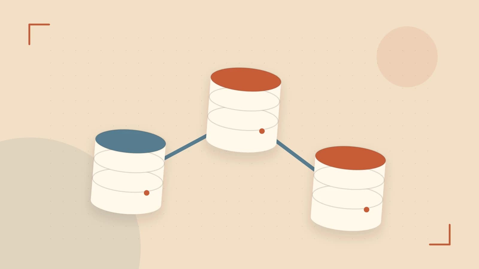 Editorial illustration of structured records, database cylinders and relationships between tables