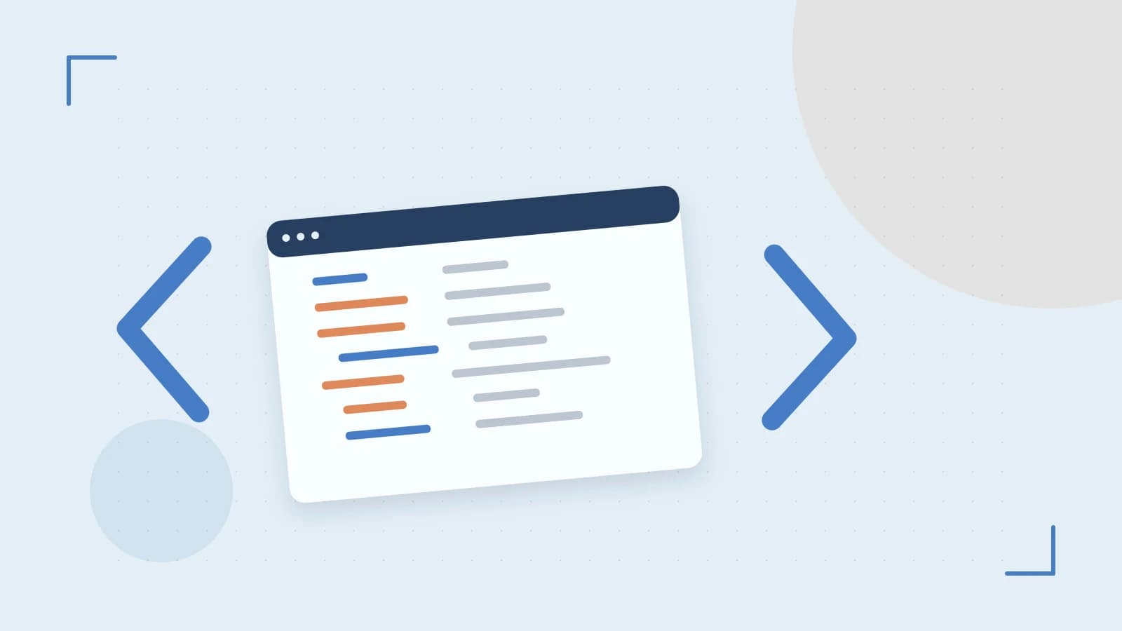Editorial illustration of an abstract code editor, syntax blocks and oversized programming brackets
