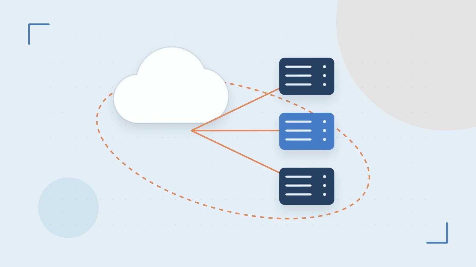 Editorial illustration of cloud infrastructure, connected server racks and an orbital service map