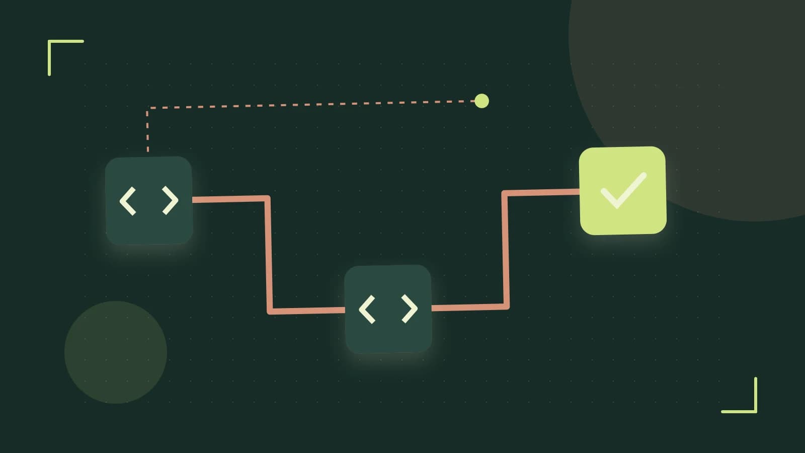 Editorial illustration of a branching build pipeline, staged transformations and a completed check