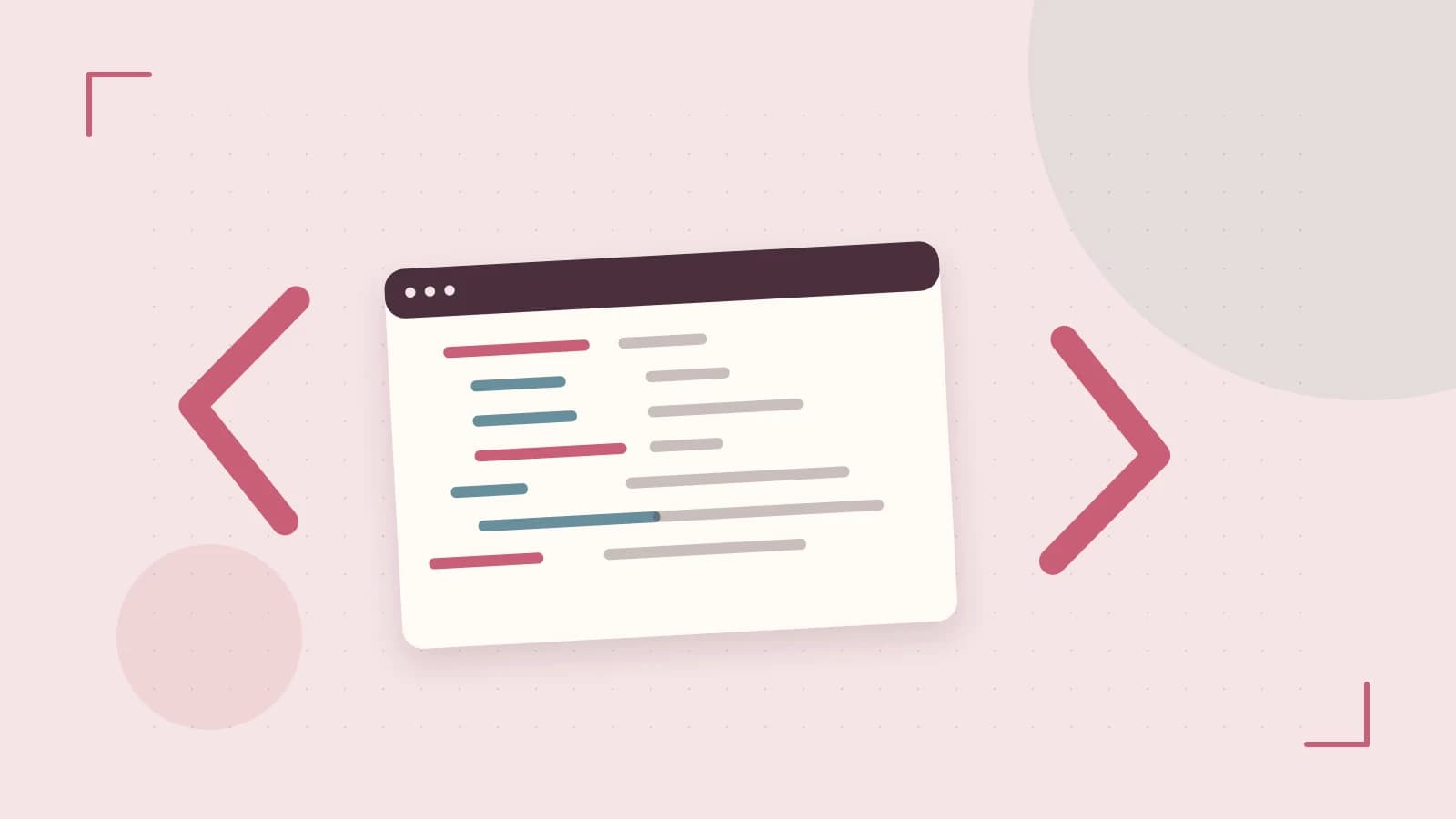 Editorial illustration of an abstract code editor, syntax blocks and oversized programming brackets