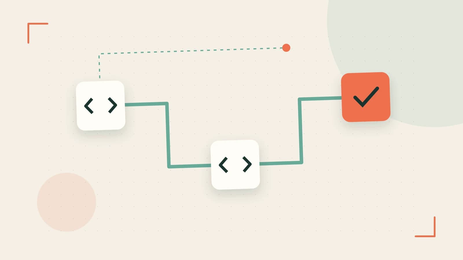 Editorial illustration of a branching build pipeline, staged transformations and a completed check