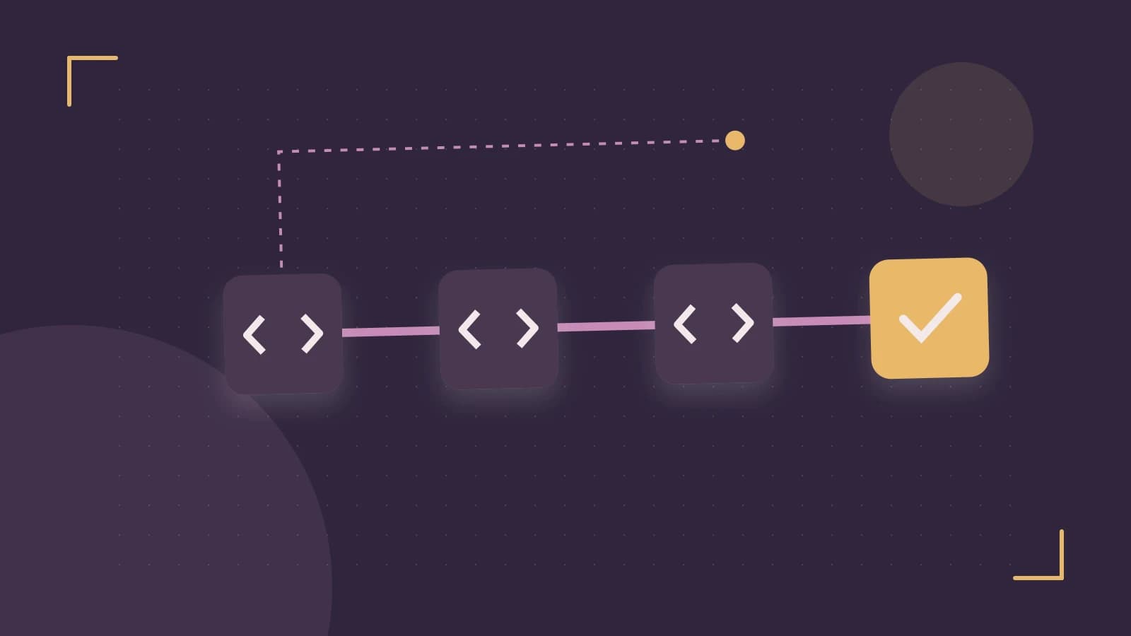Editorial illustration of a branching build pipeline, staged transformations and a completed check