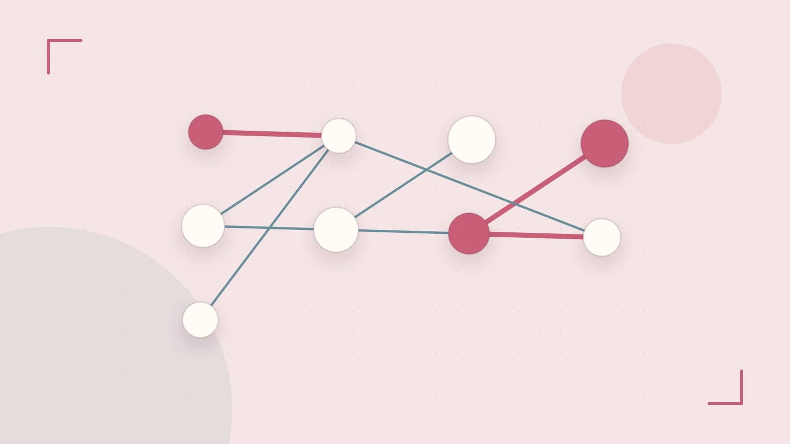 Editorial illustration of an algorithmic node graph with branching paths and a highlighted result