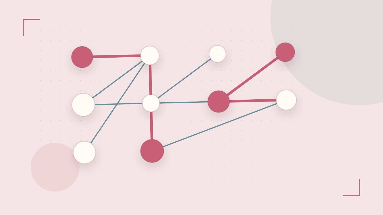 Editorial illustration of an algorithmic node graph with branching paths and a highlighted result