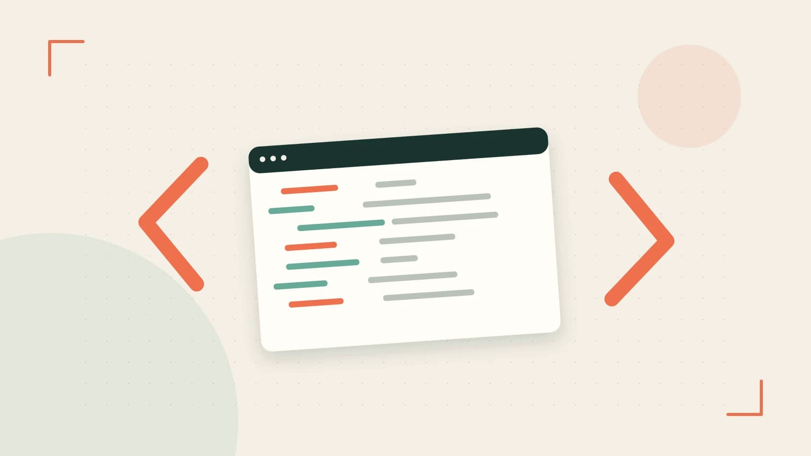 Editorial illustration of an abstract code editor, syntax blocks and oversized programming brackets