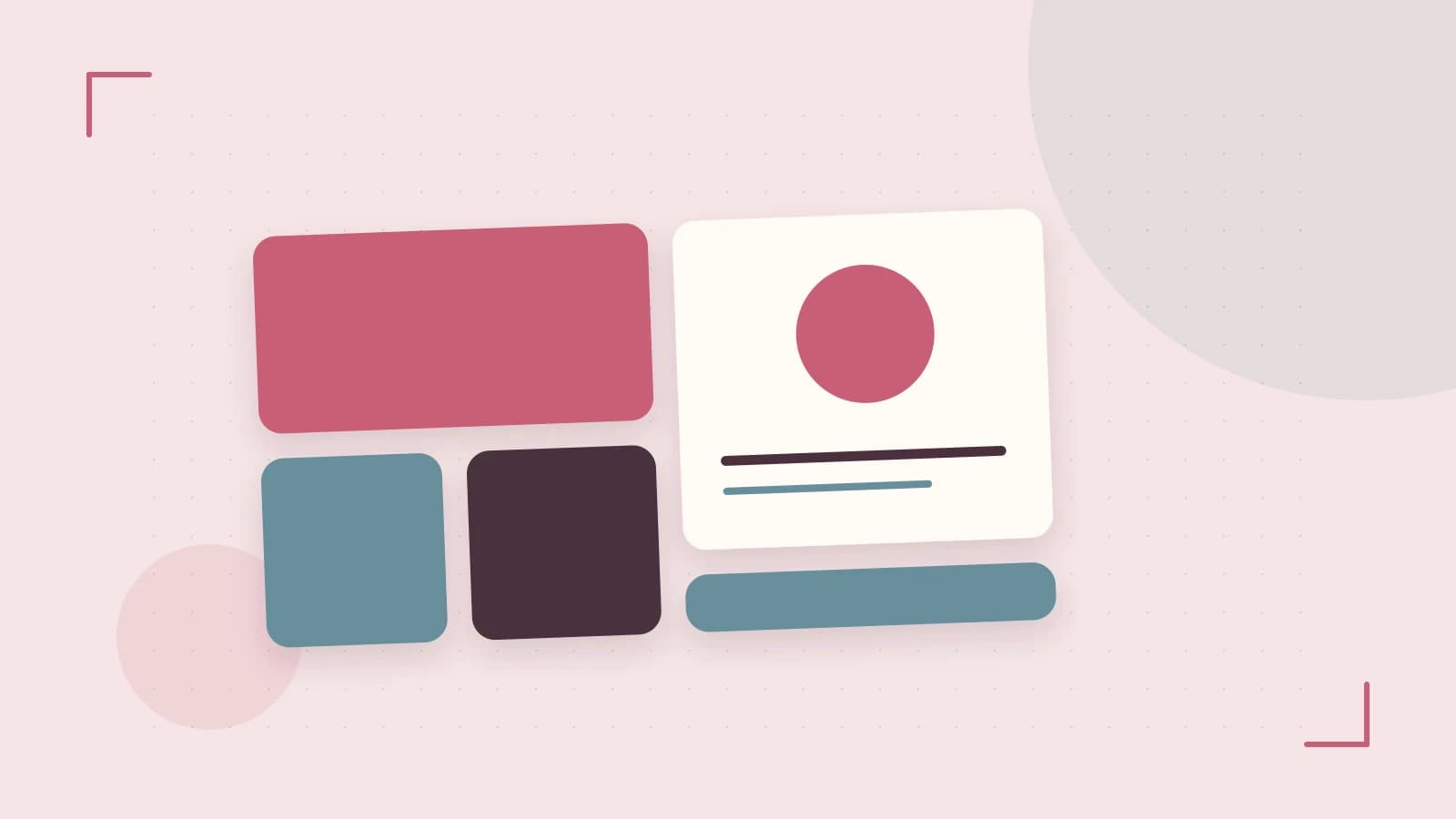 Editorial illustration of responsive browser layouts, overlapping design components and a color system