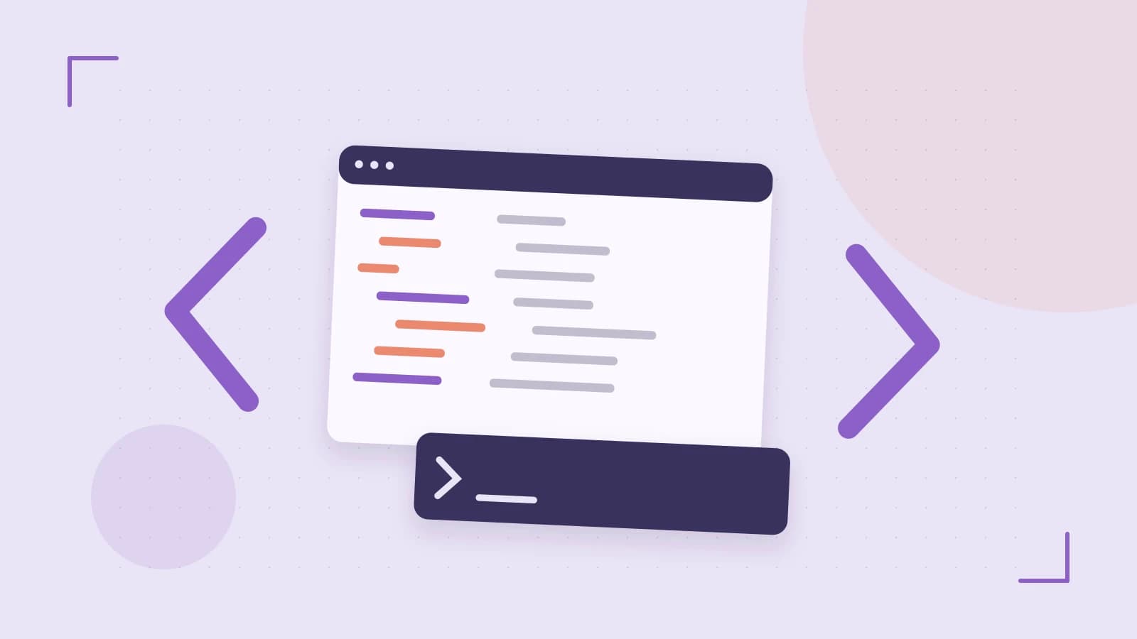 Editorial illustration of an abstract code editor, syntax blocks and oversized programming brackets
