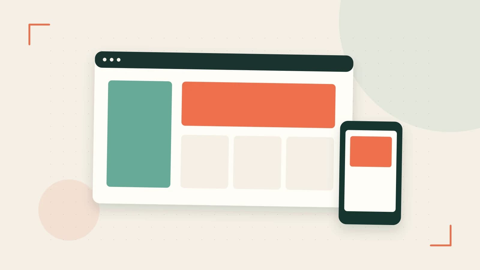 Editorial illustration of responsive browser layouts, overlapping design components and a color system