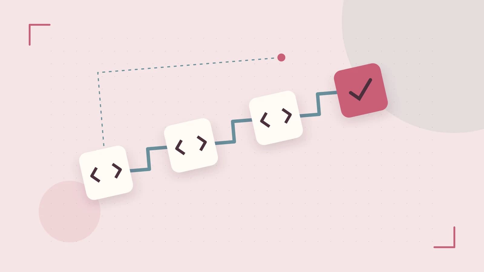 Editorial illustration of a branching build pipeline, staged transformations and a completed check