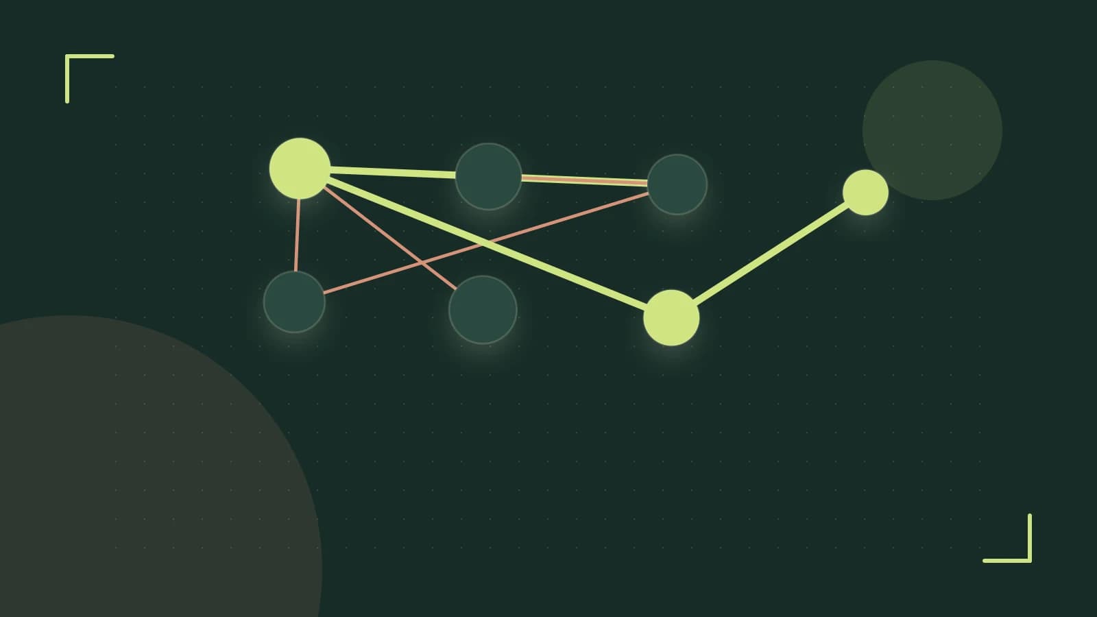 Editorial illustration of an algorithmic node graph with branching paths and a highlighted result