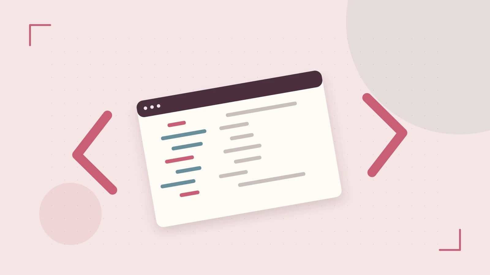 Editorial illustration of an abstract code editor, syntax blocks and oversized programming brackets
