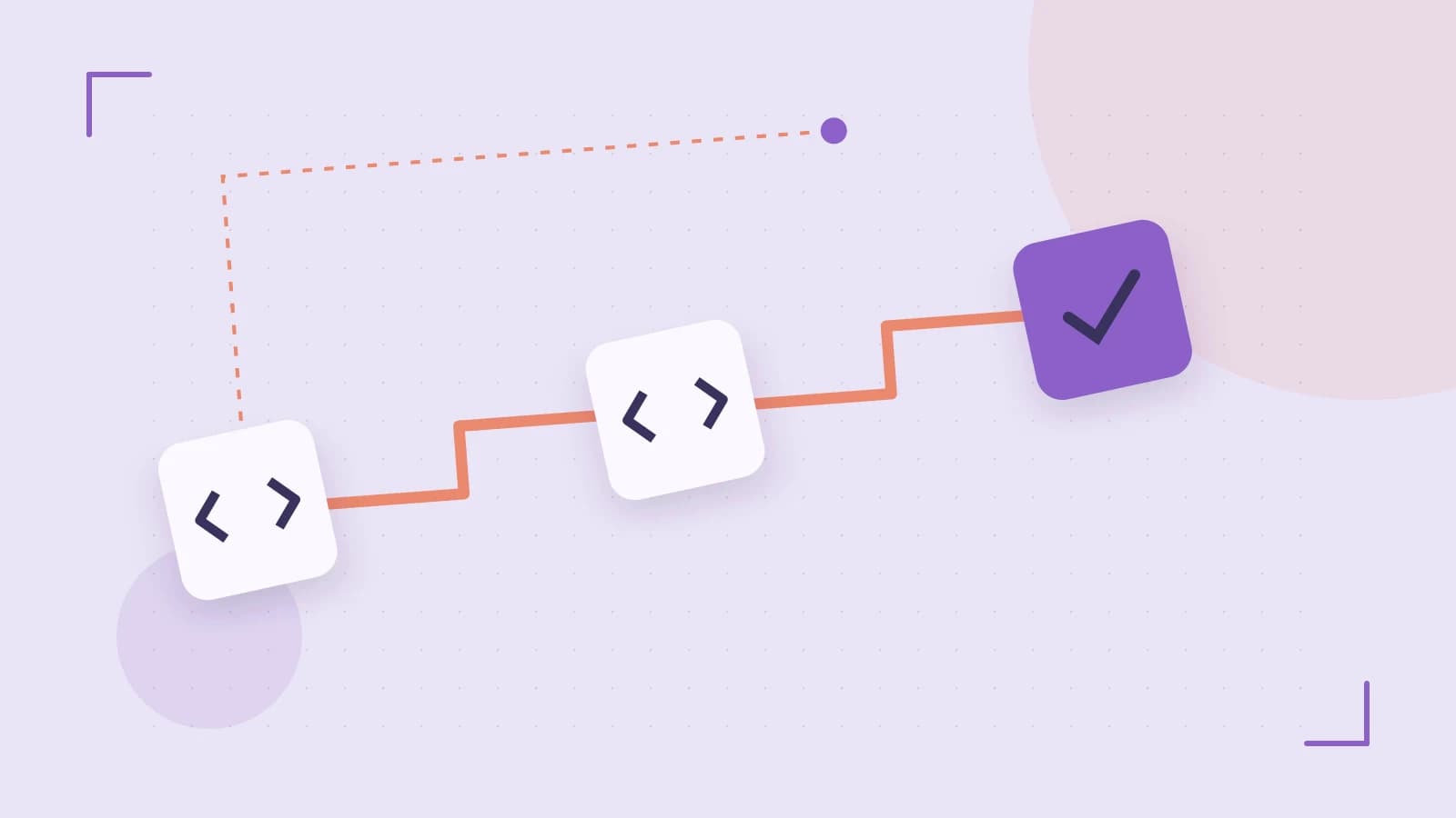 Editorial illustration of a branching build pipeline, staged transformations and a completed check
