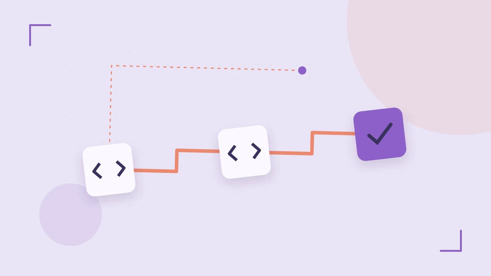 Editorial illustration of a branching build pipeline, staged transformations and a completed check