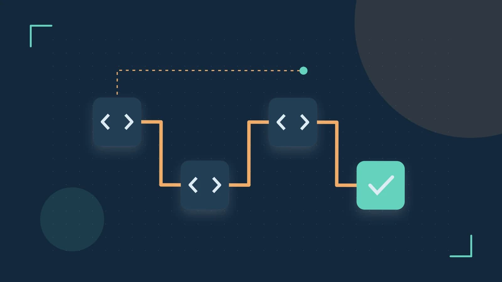 Editorial illustration of a branching build pipeline, staged transformations and a completed check