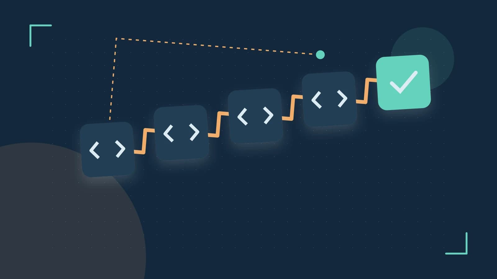 Editorial illustration of a branching build pipeline, staged transformations and a completed check