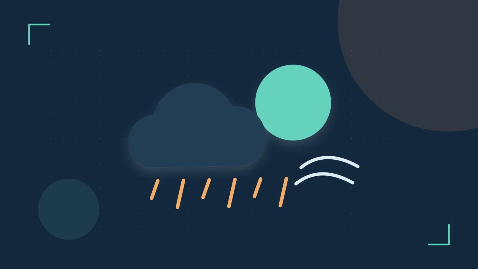 Editorial illustration of a sun, layered clouds, raindrops and flowing weather patterns