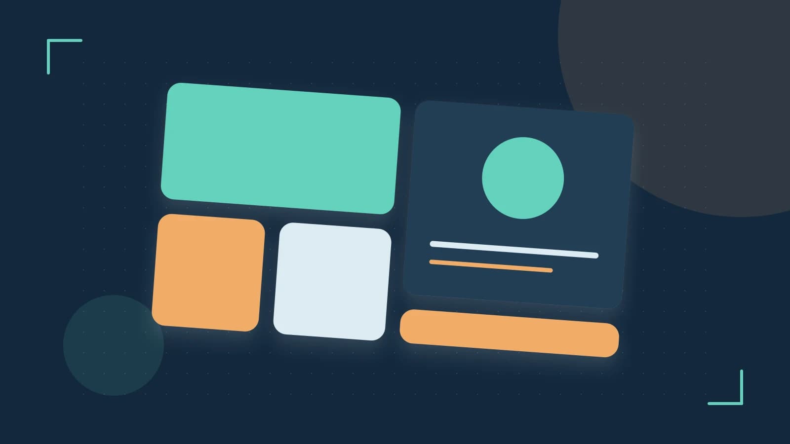 Editorial illustration of responsive browser layouts, overlapping design components and a color system
