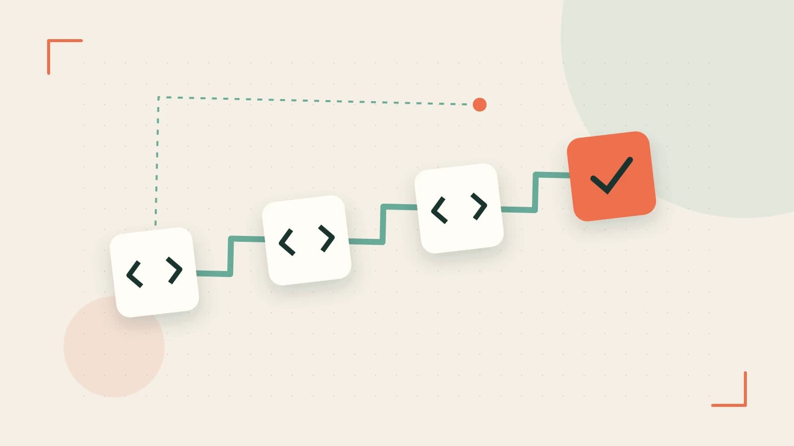 Editorial illustration of a branching build pipeline, staged transformations and a completed check