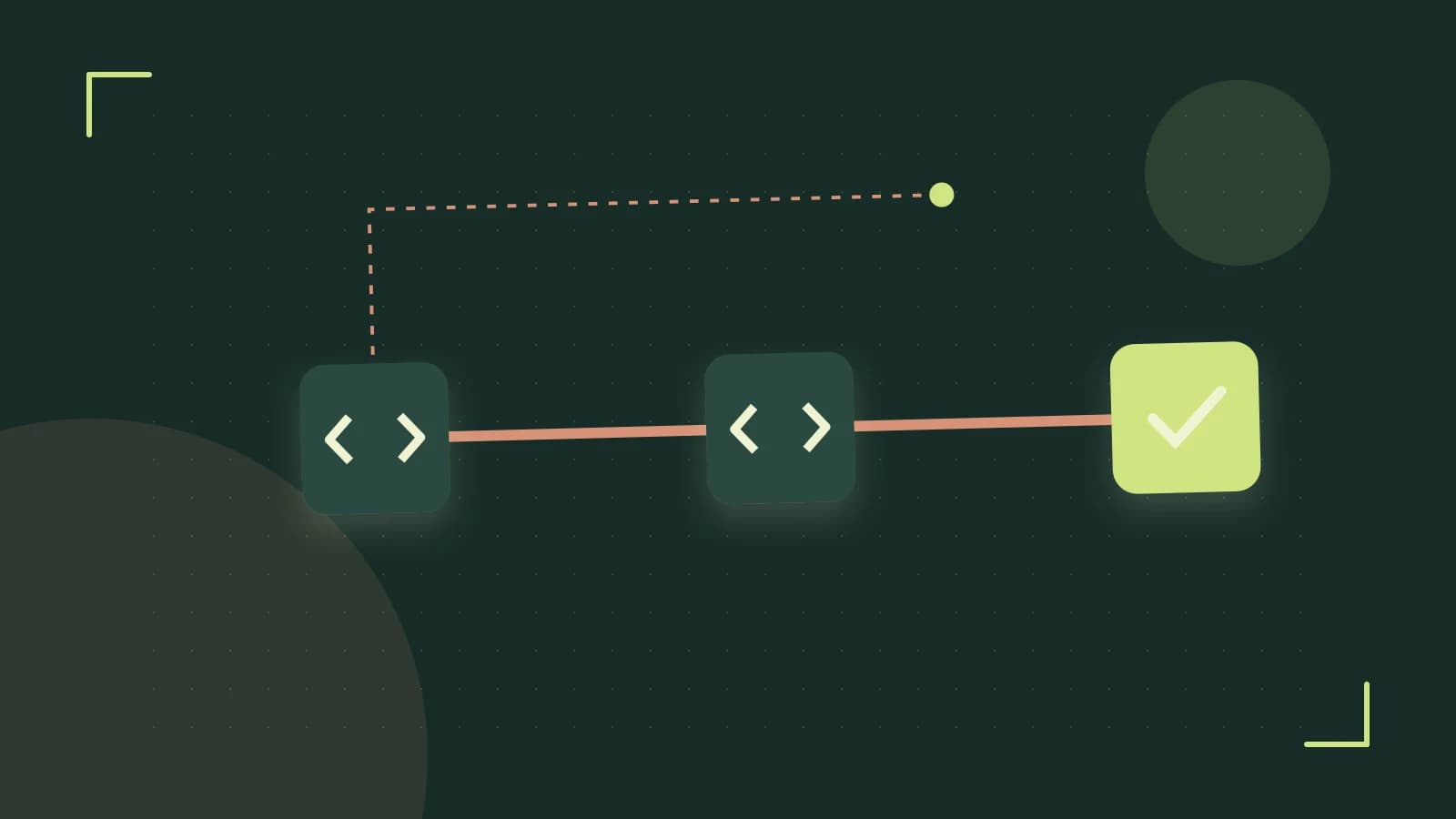 Editorial illustration of a branching build pipeline, staged transformations and a completed check