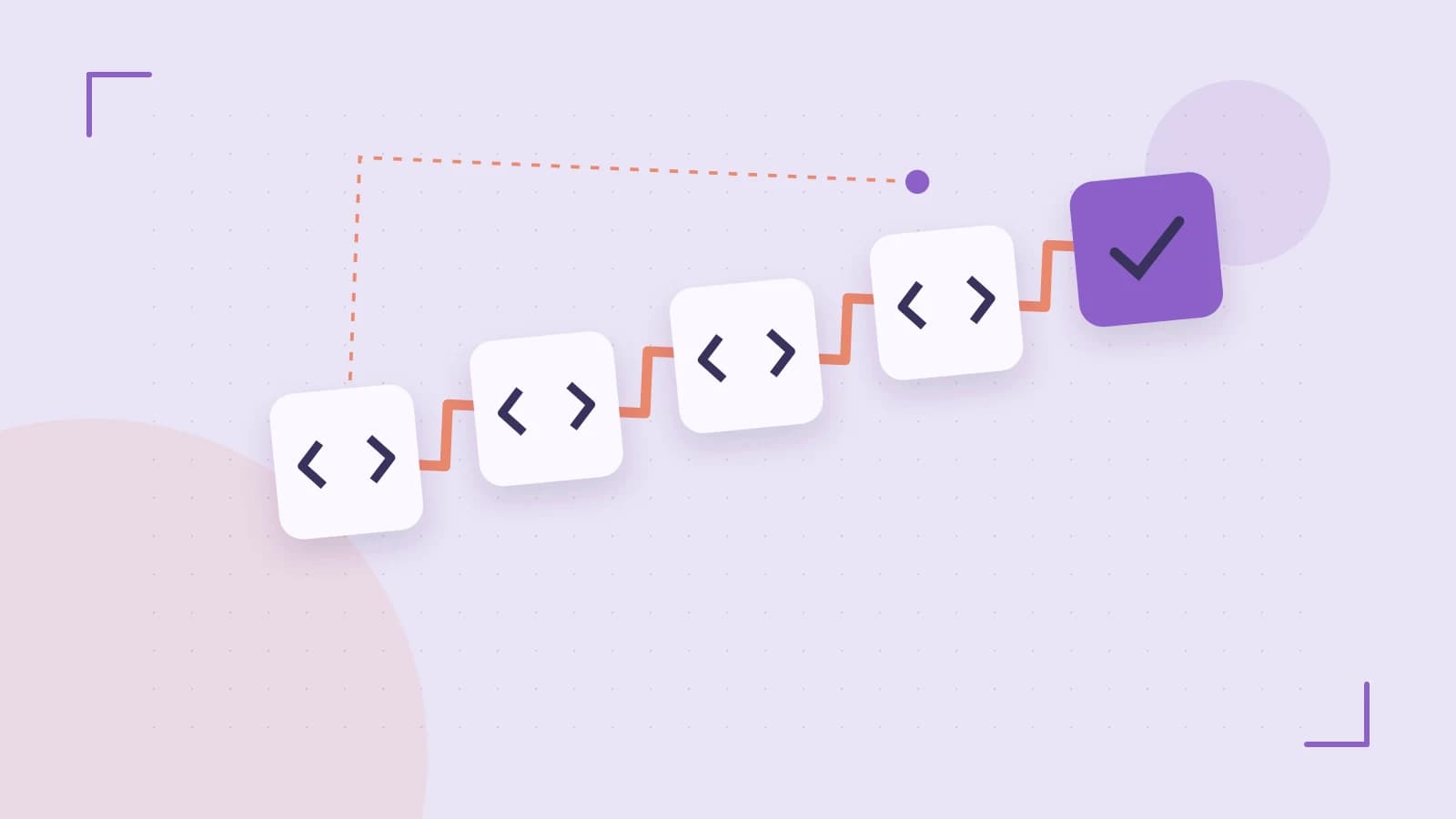 Editorial illustration of a branching build pipeline, staged transformations and a completed check