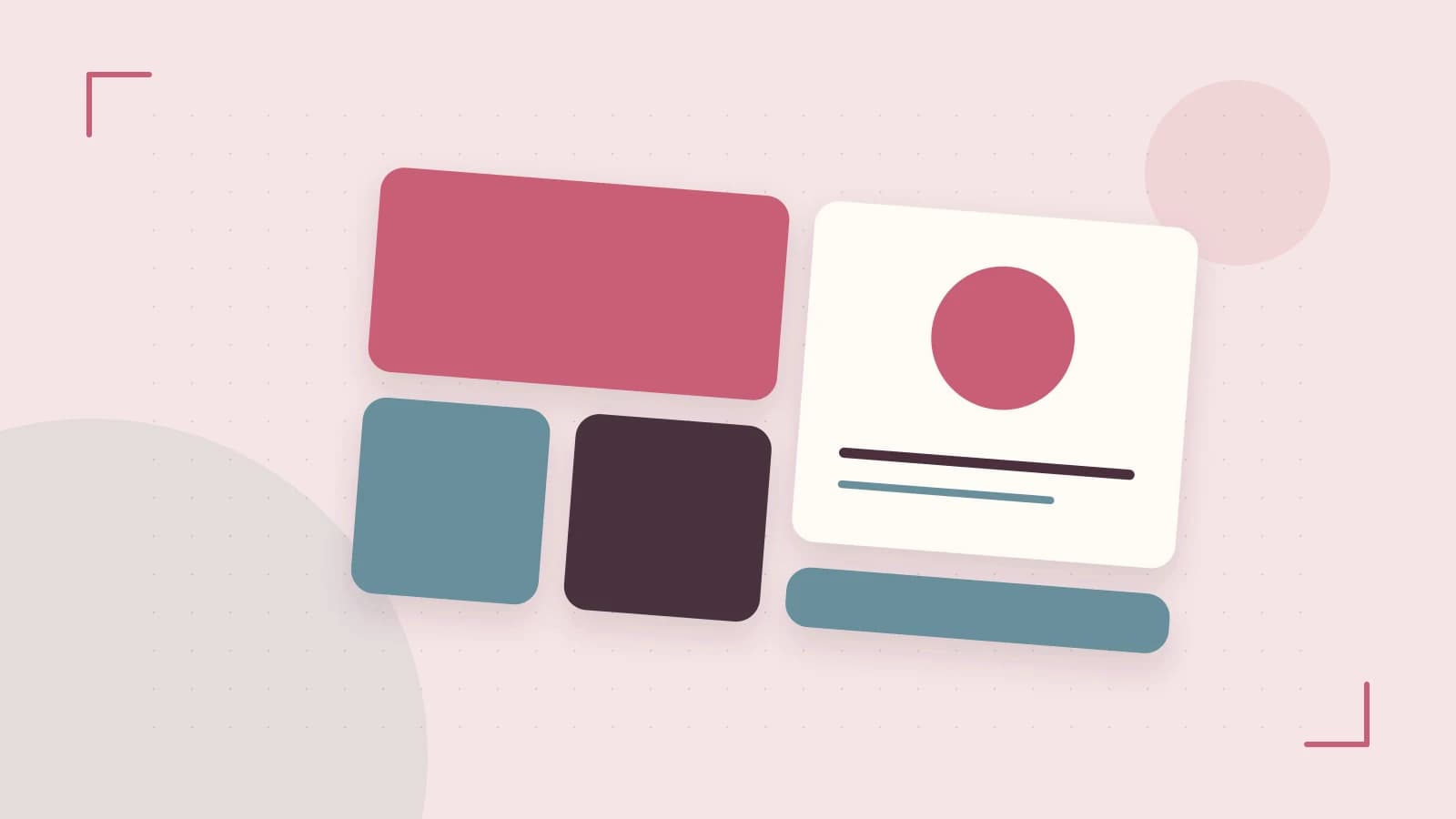 Editorial illustration of responsive browser layouts, overlapping design components and a color system
