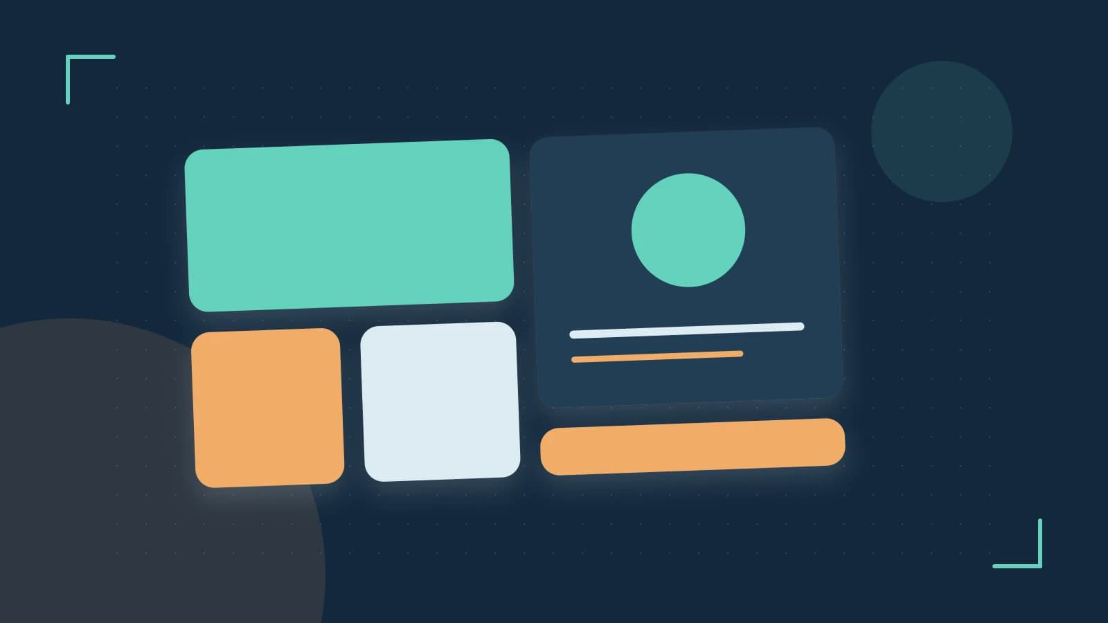 Editorial illustration of responsive browser layouts, overlapping design components and a color system