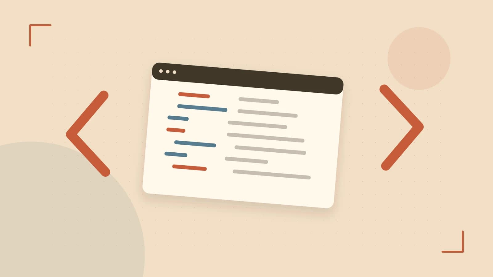 Editorial illustration of an abstract code editor, syntax blocks and oversized programming brackets