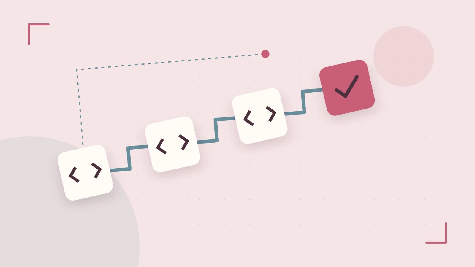 Editorial illustration of a branching build pipeline, staged transformations and a completed check