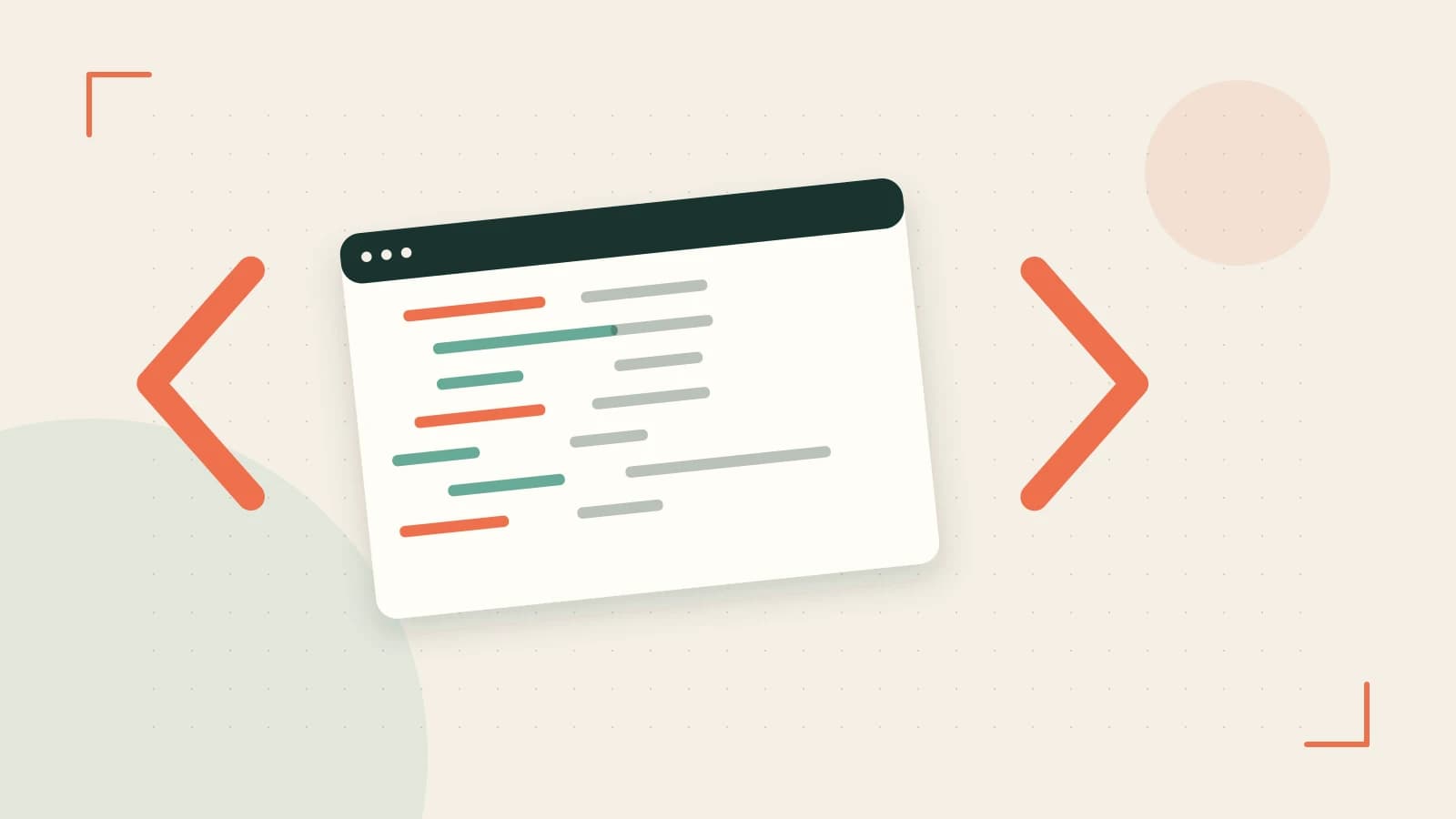 Editorial illustration of an abstract code editor, syntax blocks and oversized programming brackets