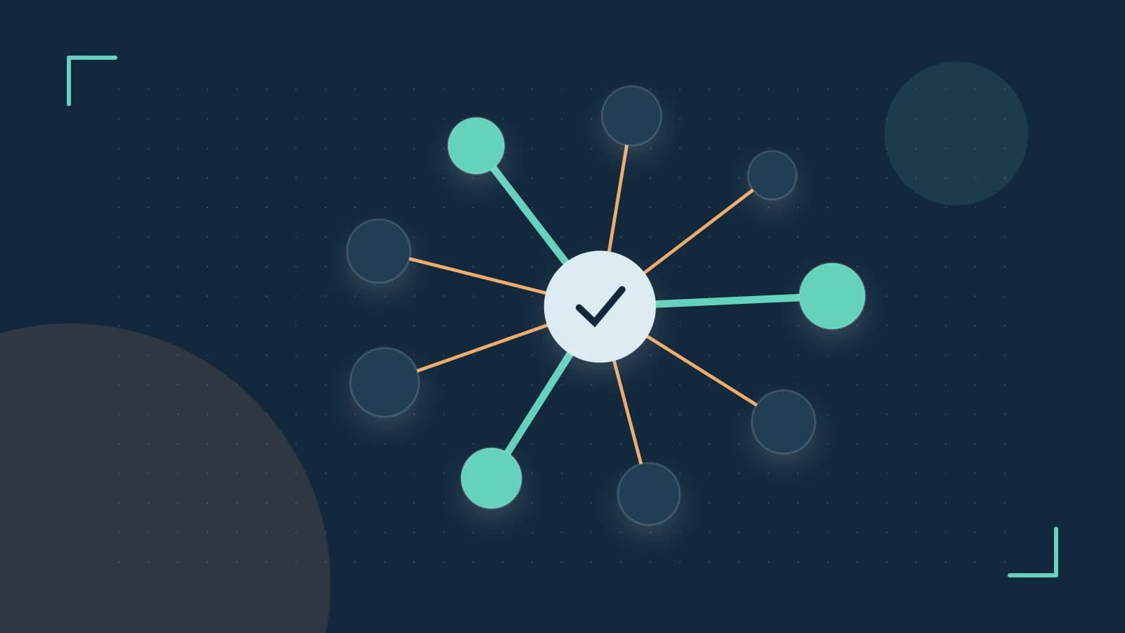 Editorial illustration of an algorithmic node graph with branching paths and a highlighted result