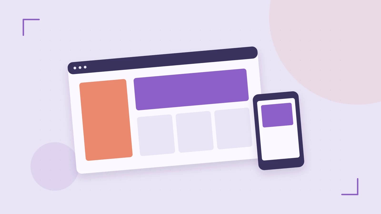 Editorial illustration of responsive browser layouts, overlapping design components and a color system