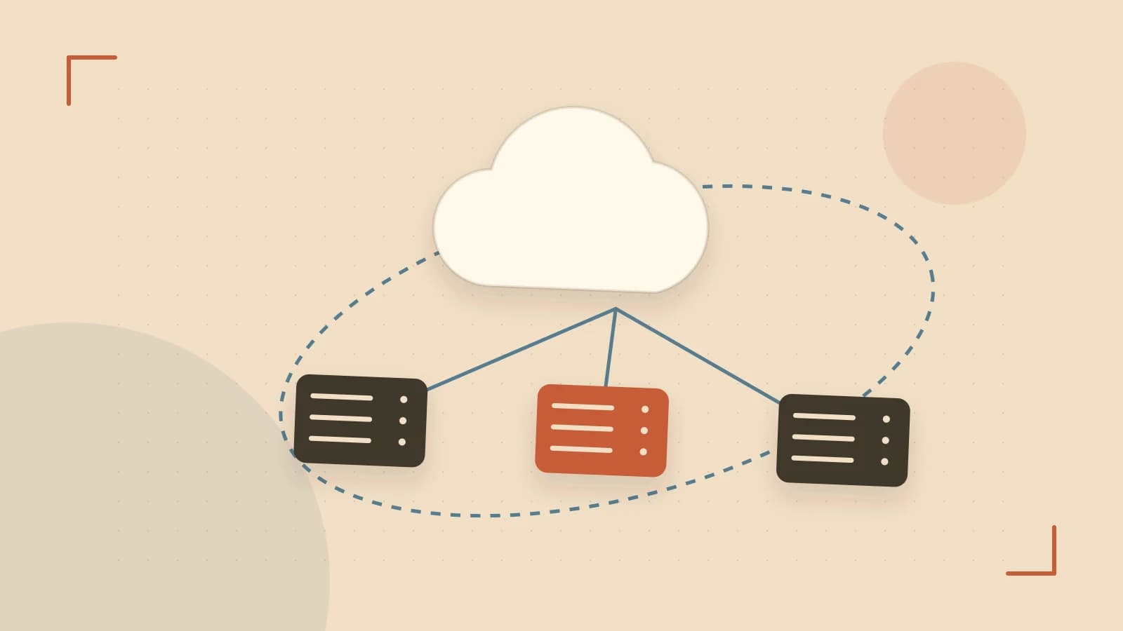 Editorial illustration of cloud infrastructure, connected server racks and an orbital service map