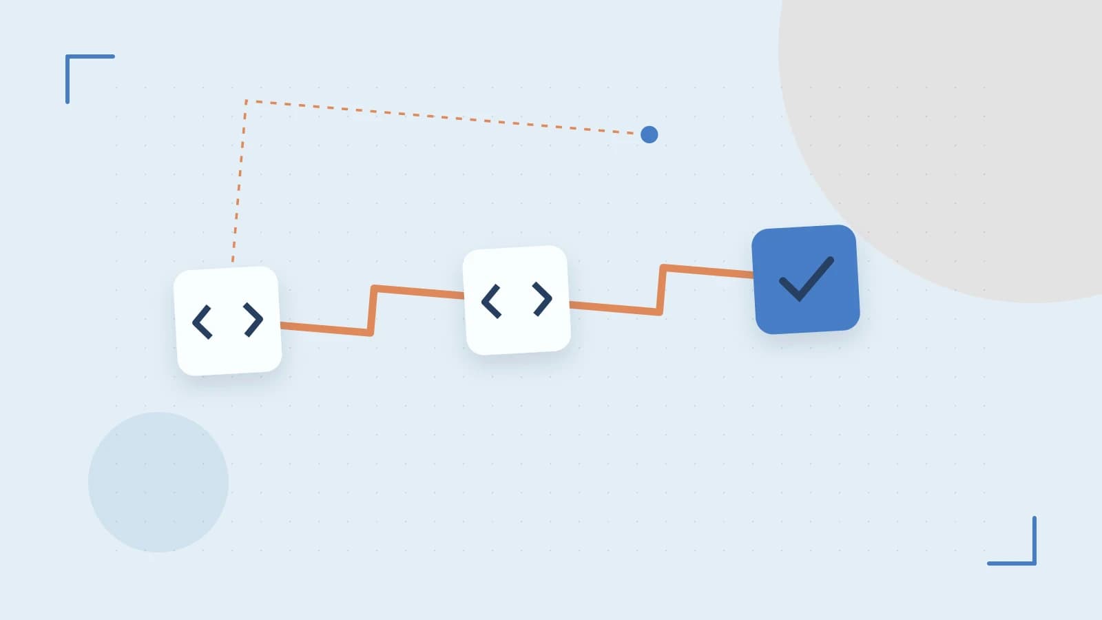 Editorial illustration of a branching build pipeline, staged transformations and a completed check