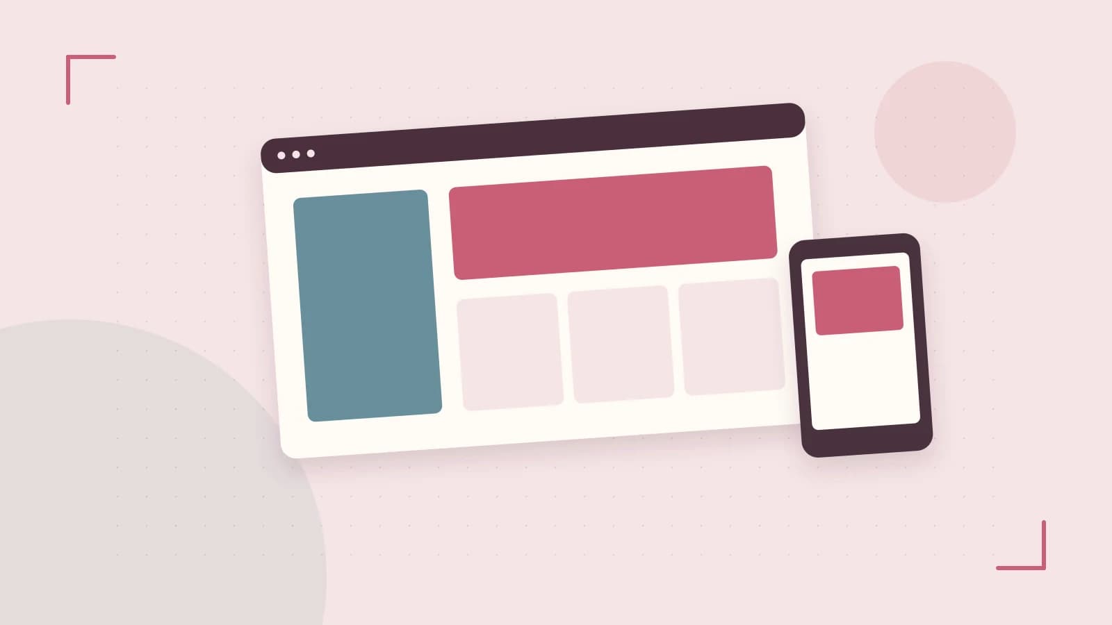 Editorial illustration of responsive browser layouts, overlapping design components and a color system