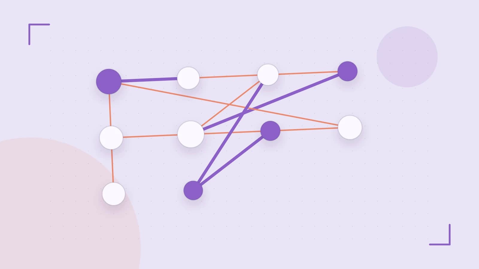 Editorial illustration of an algorithmic node graph with branching paths and a highlighted result